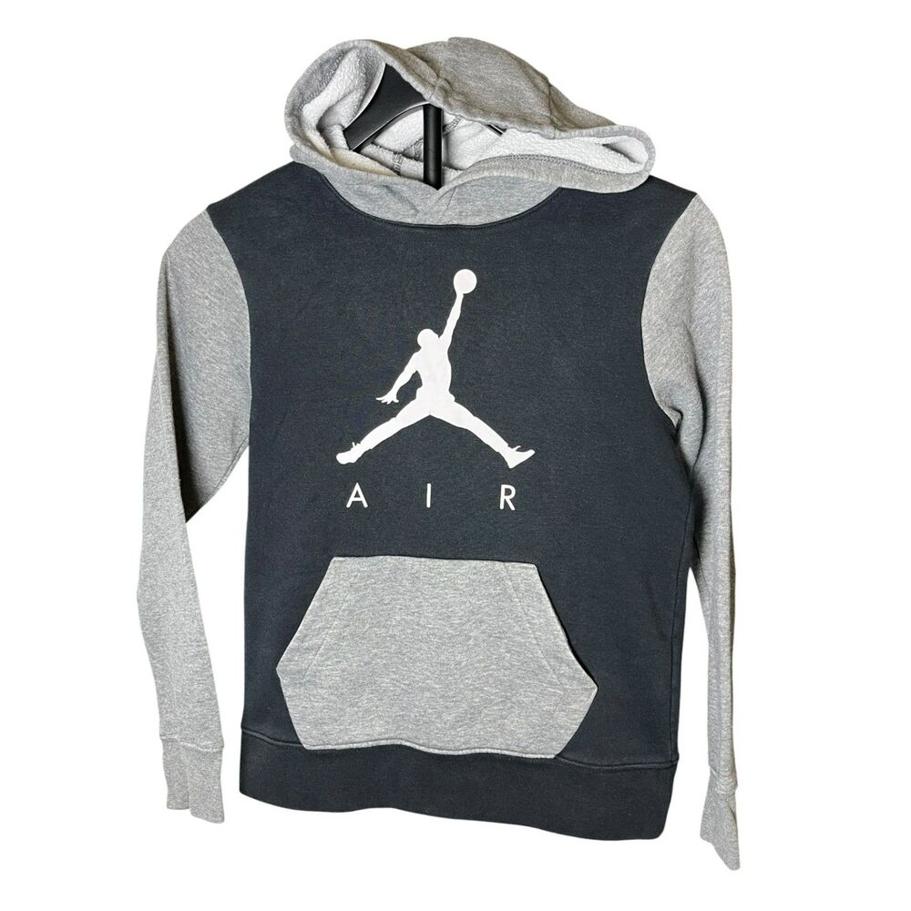 Jordan Air Boys Hoodie Youth M 10-12 Gray Black Jumpman 23 Pullover Sweatshirt